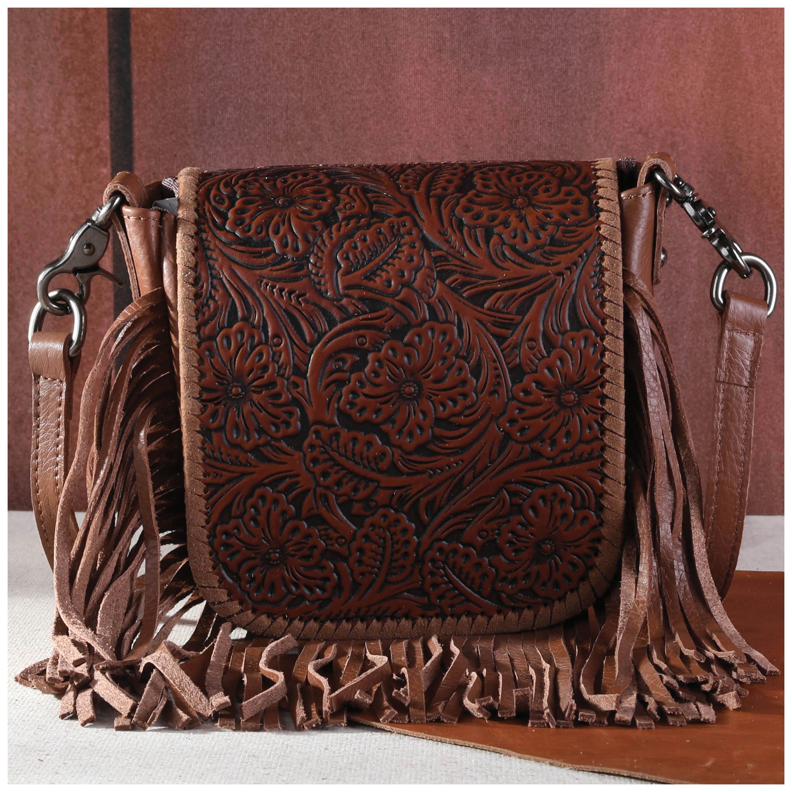 Montana West Crossbody Handbag, Floral Tooled, Flap, Magnetic Button, Coffee