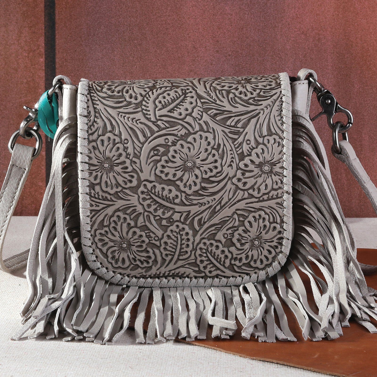 Montana West Crossbody Handbag, Floral Tooled, Flap, Magnetic Button, Tan