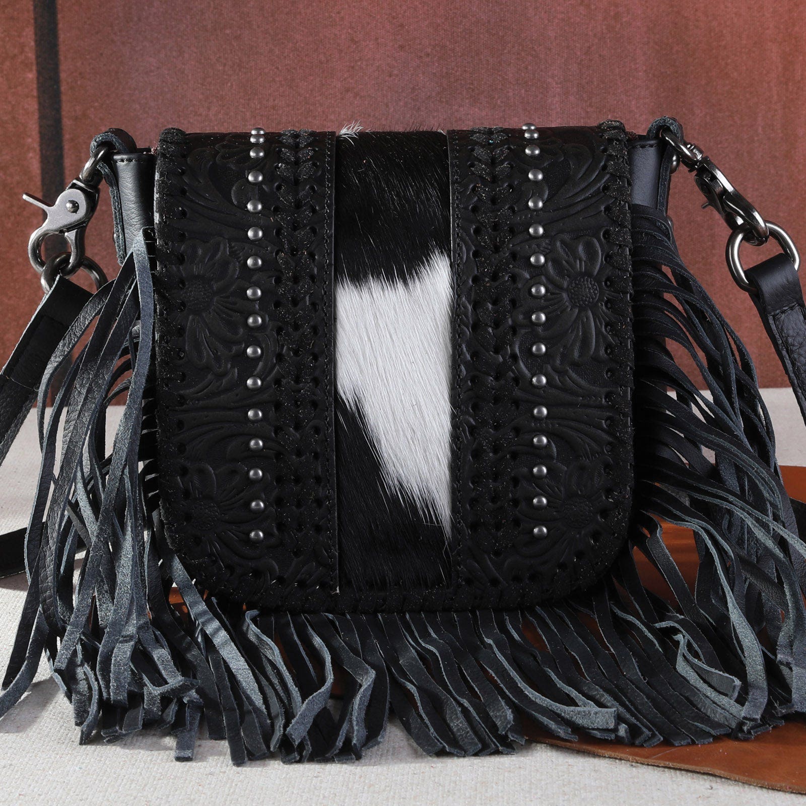 Montana West Crossbody Handbag, Floral Tooled and Hair-On Cowhide, Flap, Magnetic Button, Black