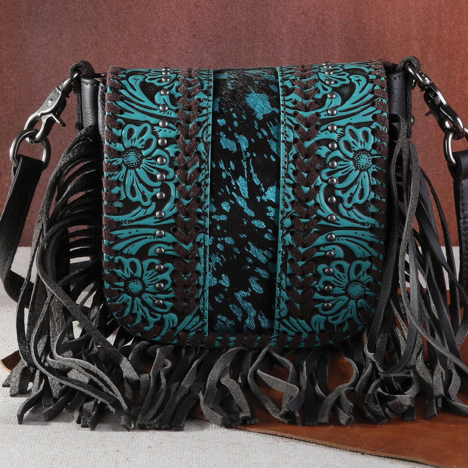 Montana West Crossbody Handbag, Floral Tooled and Hair-On Cowhide, Flap, Magnetic Button, Coffee