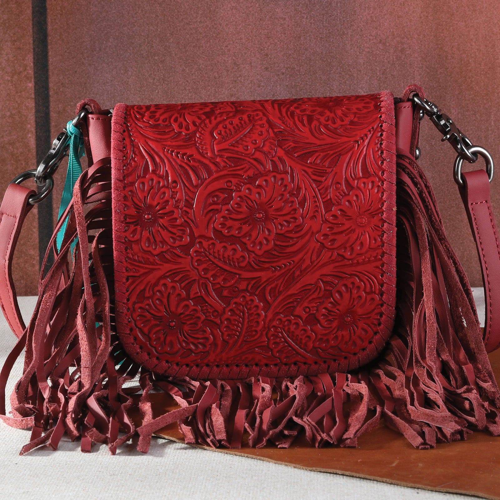 Montana West Crossbody Handbag, Floral Tooled, Flap, Magnetic Button, Red