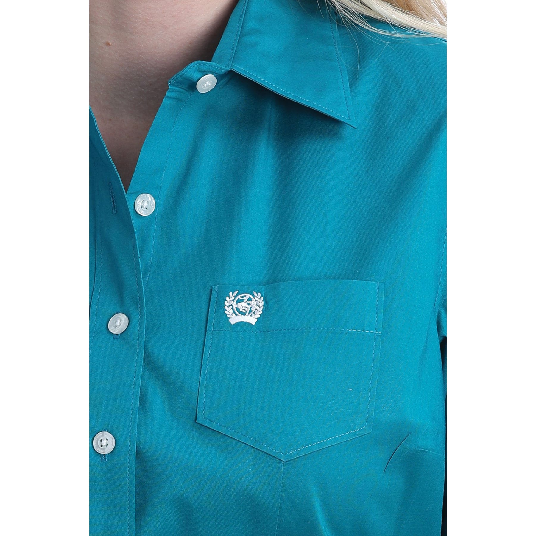 Cinch Shirt, S, Cotton/Spandex, Teal, Cinch Embroidered Logo, Solid, Spread, Long Sleeve, Arena Fit