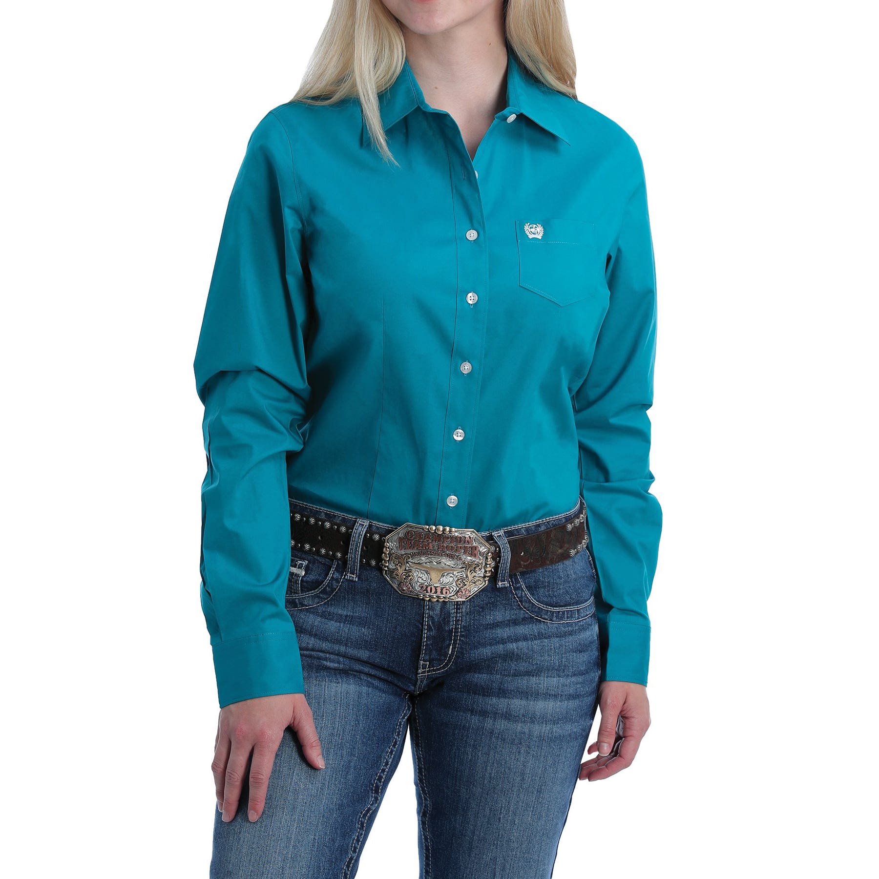 Cinch Shirt, S, Cotton/Spandex, Teal, Cinch Embroidered Logo, Solid, Spread, Long Sleeve, Arena Fit