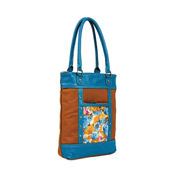 Myra Bag Blue Ridge Blooms Series Tote Bag, Zipper, Blue/Caramel