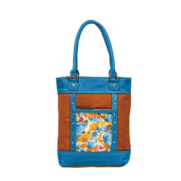Myra Bag Blue Ridge Blooms Series Tote Bag, Zipper, Blue/Caramel