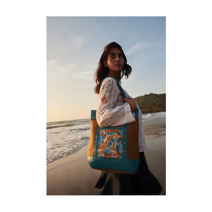 Myra Bag Blue Ridge Blooms Series Tote Bag, Zipper, Blue/Caramel