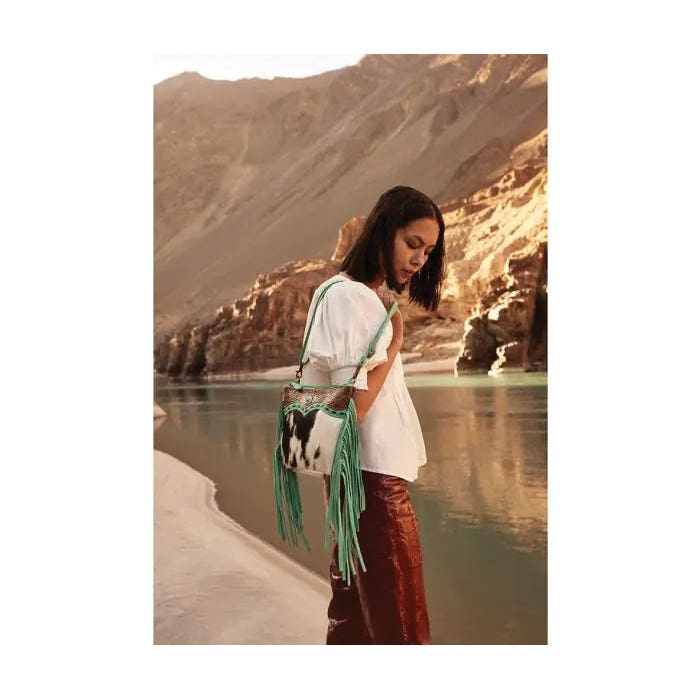 Myra Bag Stellona Canyon Series Bag, Fringed, Zipper, Charcoal/Ebony/Teal