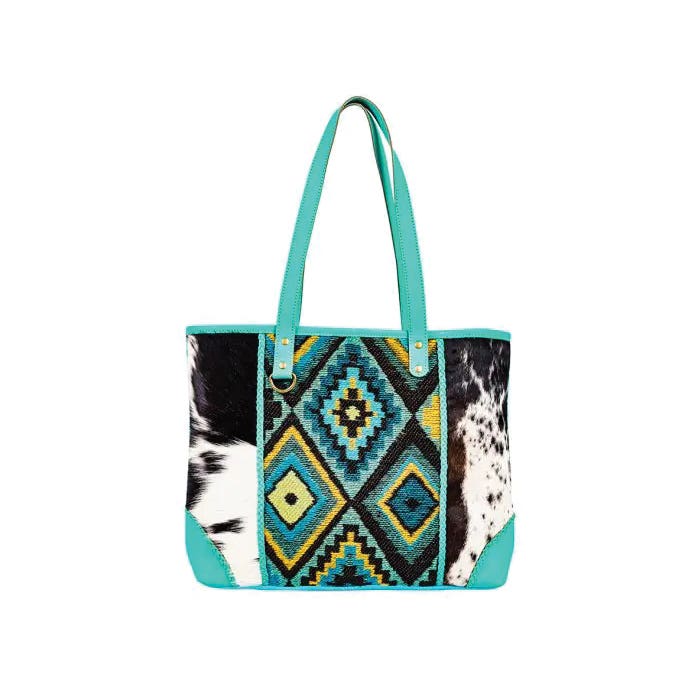 Myra Bag Tonga Ridge Series Tote Bag, Light Dark Mottled Pattern, Zipper, Turquoise