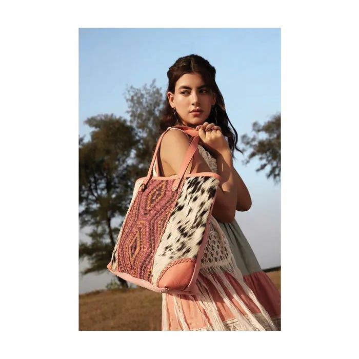 Myra Bag Tonga Ridge Series Tote Bag, Light Dark Mottled Pattern, Zipper, Orange/Pink