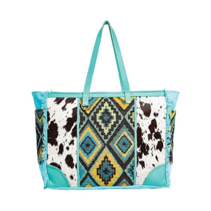 Myra Bag Tonga Ridge Series Tote Bag, Light Dark Mottled Pattern, Zipper, Turquoise