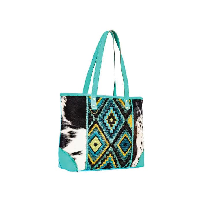 Myra Bag Tonga Ridge Series Tote Bag, Light Dark Mottled Pattern, Zipper, Turquoise