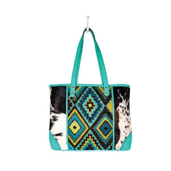 Myra Bag Tonga Ridge Series Tote Bag, Light Dark Mottled Pattern, Zipper, Turquoise