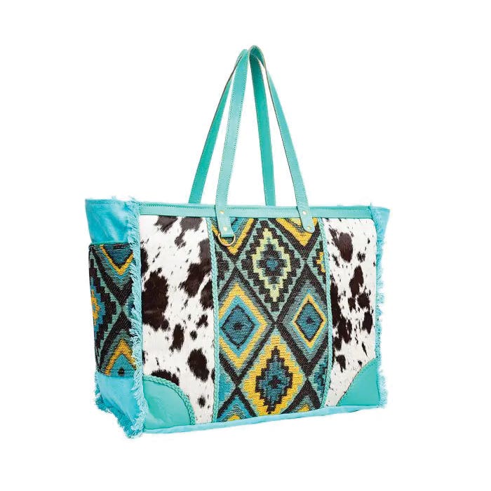 Myra Bag Tonga Ridge Series Weekender Bag, Light Dark Mottled Pattern, Zipper, Turquoise