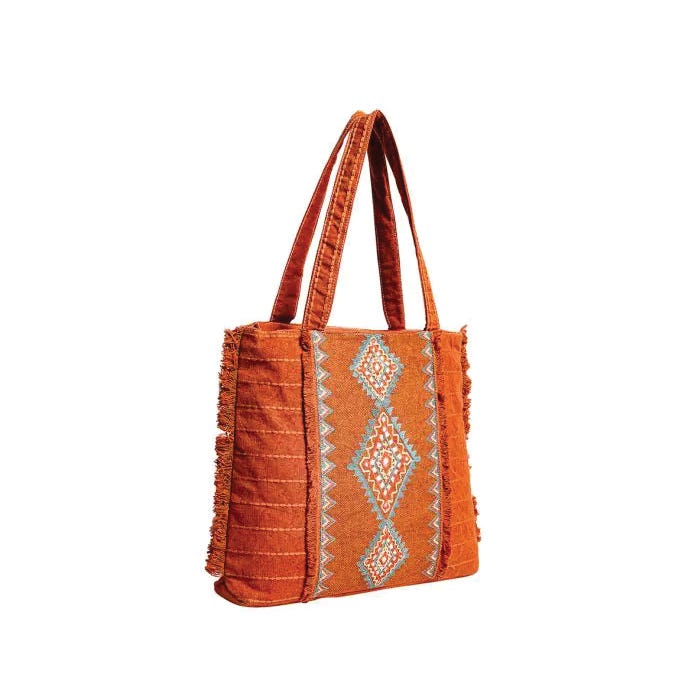Myra Bag Diamond Trail Series Tote Bag, Tribal-Inspired, Zipper, Blue/Desert Rust/Ivory/Salmon/White