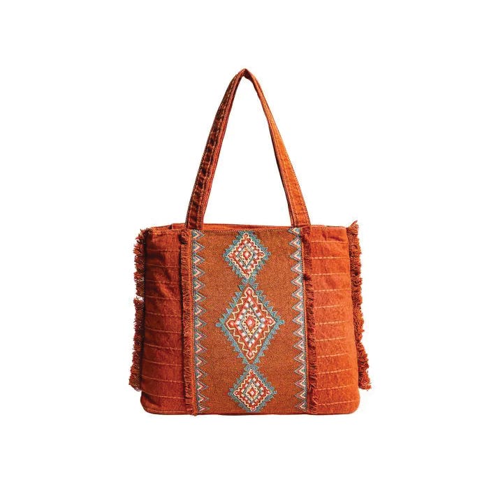 Myra Bag Diamond Trail Series Tote Bag, Tribal-Inspired, Zipper, Blue/Desert Rust/Ivory/Salmon/White