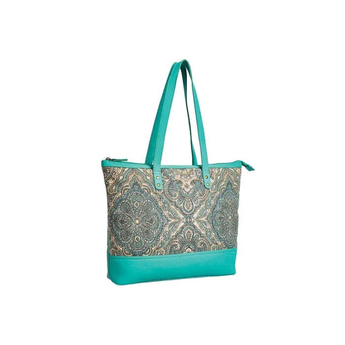 Myra Bag Bryerston Series Tote Bag, Zipper, Blue/Parchment/Teal/Turquoise