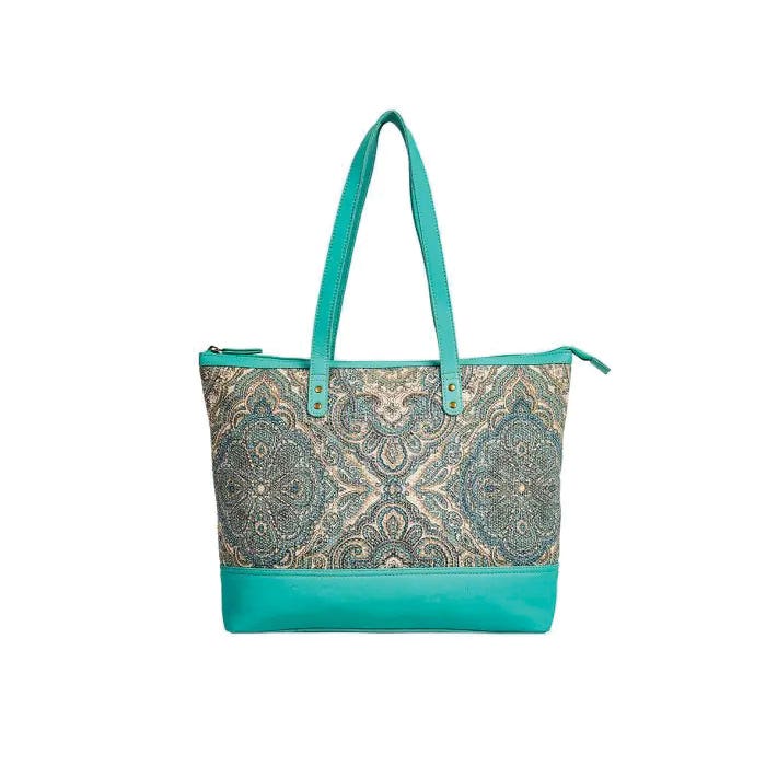 Myra Bag Bryerston Series Tote Bag, Zipper, Blue/Parchment/Teal/Turquoise