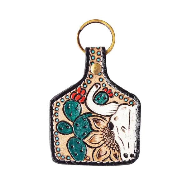 Myra Bag Canyon Wind Key Fob, Bison Skull, Prairie Desert Scene, Leather Case, Multi-Color