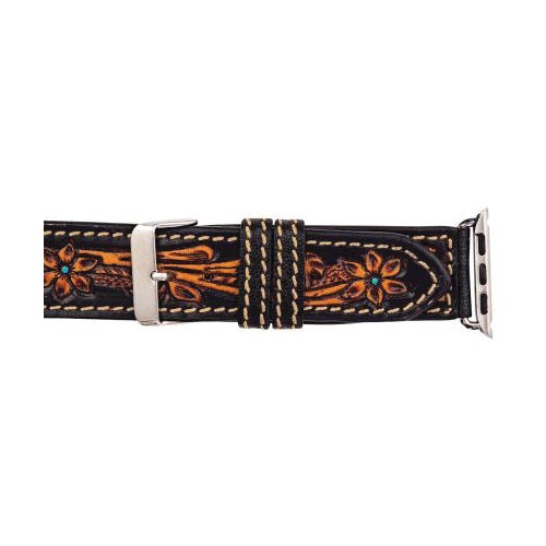 Myra Bag Fox Trail Series Watch Band, Leather/Metal, Dark Chocolate Brown/Golden Honey/Turquoise, 7 in L, 40 mm W