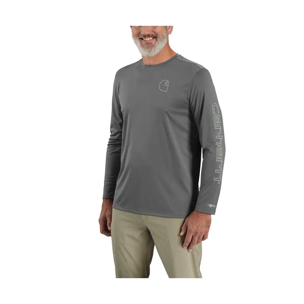 Carhartt Men's Force Sun Defender, Lightweight, Long Sleeve with Logo Graphic T-Shirt, Steel, Large