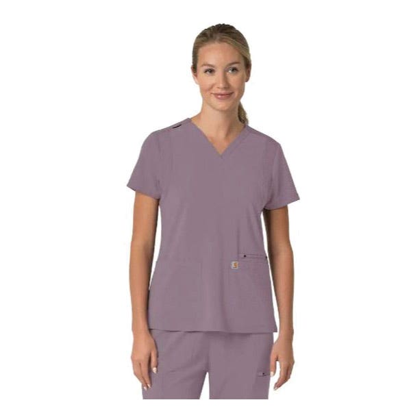 Carhartt Force Cross-Flex Series Scrub Top, L, V-Neck, Short Sleeve, 3 -Pocket, Polyester/Spandex