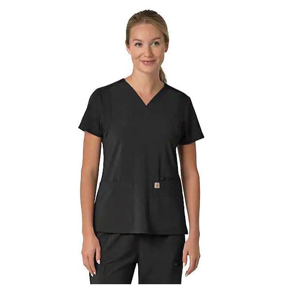 Carhartt Force Cross-Flex Series Scrub Top, XS, V-Neck, Short Sleeve, 3 -Pocket, Polyester/Spandex, Black
