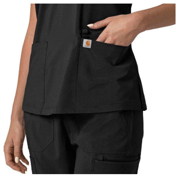 Carhartt Force Cross-Flex Series Scrub Top, XS, V-Neck, Short Sleeve, 3 -Pocket, Polyester/Spandex, Black