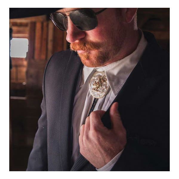 Montana Silversmiths Bolo Tie, XL, Bull Rider, Brass/Faux Leather