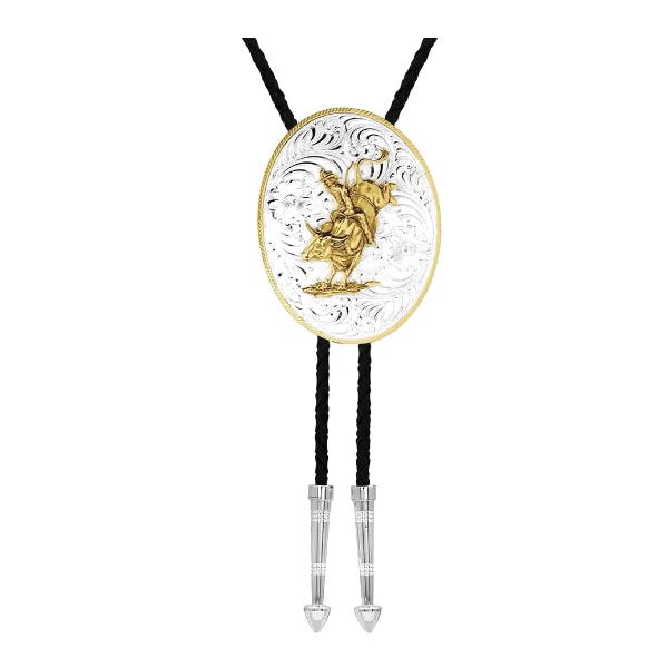 Montana Silversmiths Bolo Tie, XL, Bull Rider, Brass/Faux Leather