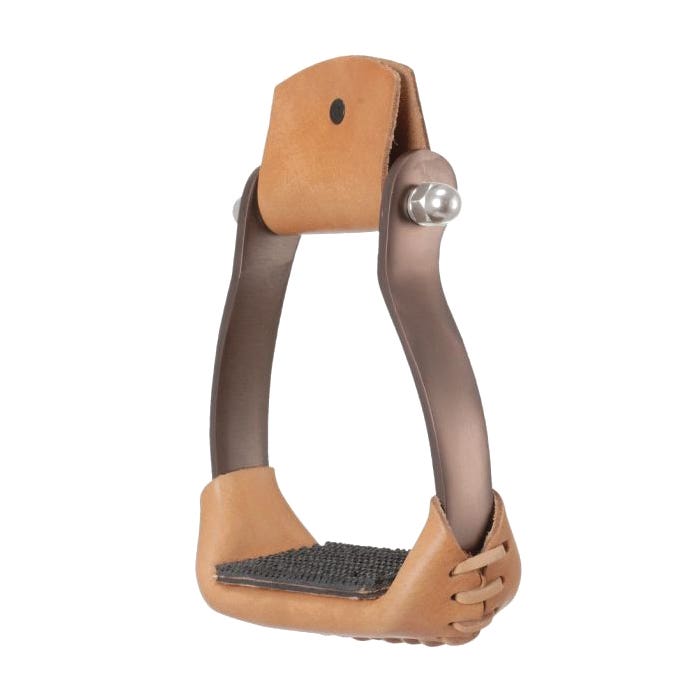 Tough 1 57-99655C-7-0 Stirrup, Aluminum/Leather/Rubber, Brown, Polished