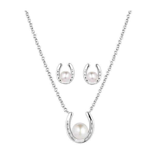Montana Silversmiths Delicate Embrace Jewelry Set, Horseshoe, Pearl, White, Brass/Stainless Steel