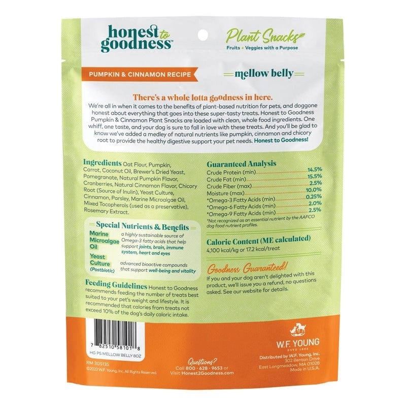 Honest to Goodness Dog Treat, Cinnamon, Mellow Belly Pumpkin, 8 oz Bag