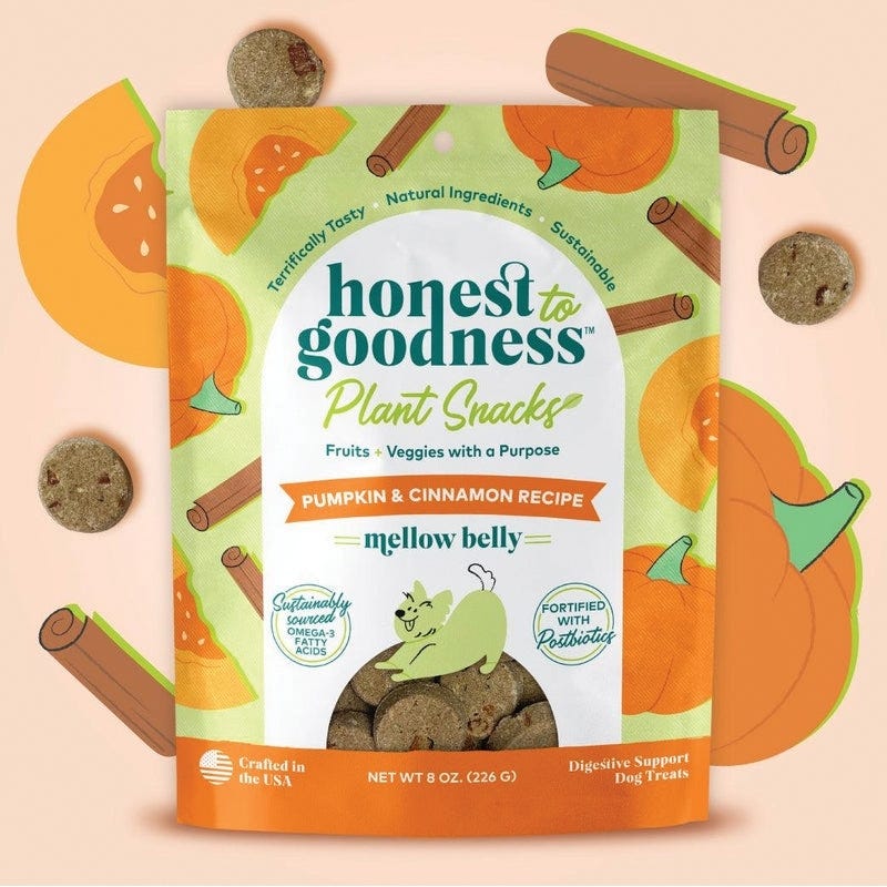 Honest to Goodness Dog Treat, Cinnamon, Mellow Belly Pumpkin, 8 oz Bag