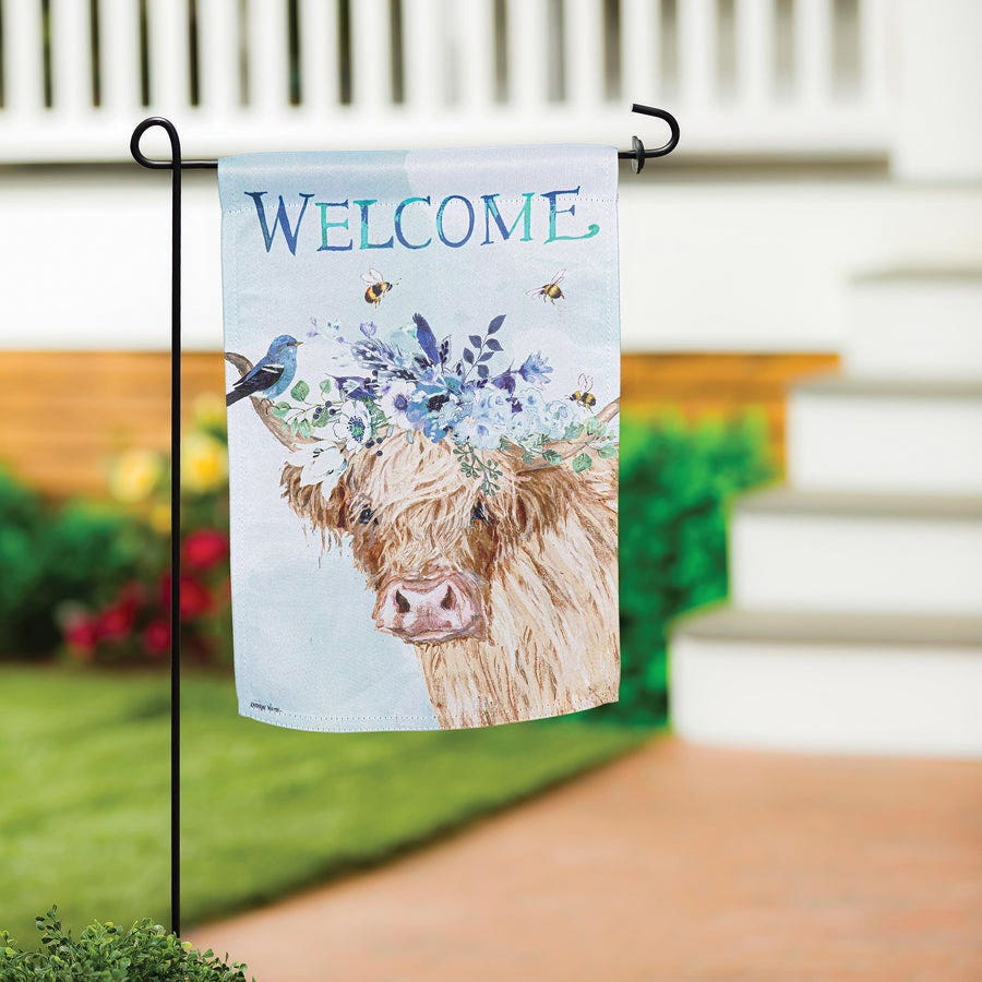 Evergreen Flag 14S12820 Garden Flag, 18 in L, 12-1/2 in W, Floral Cow, rPET/Suede