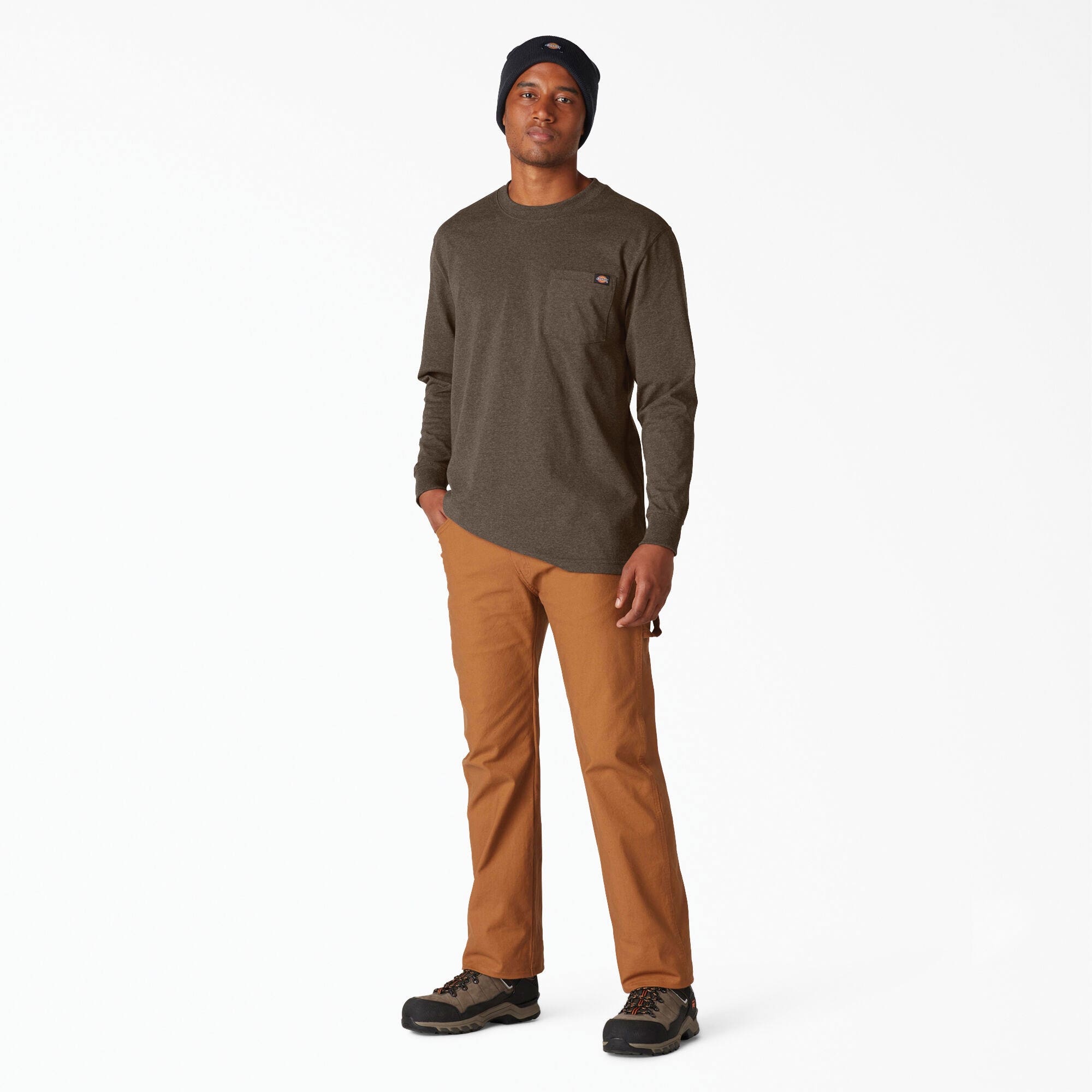 Dickies Men's Heavyweight Heathered Long Sleeve Pocket T-Shirt, Chocolate Heather, M
