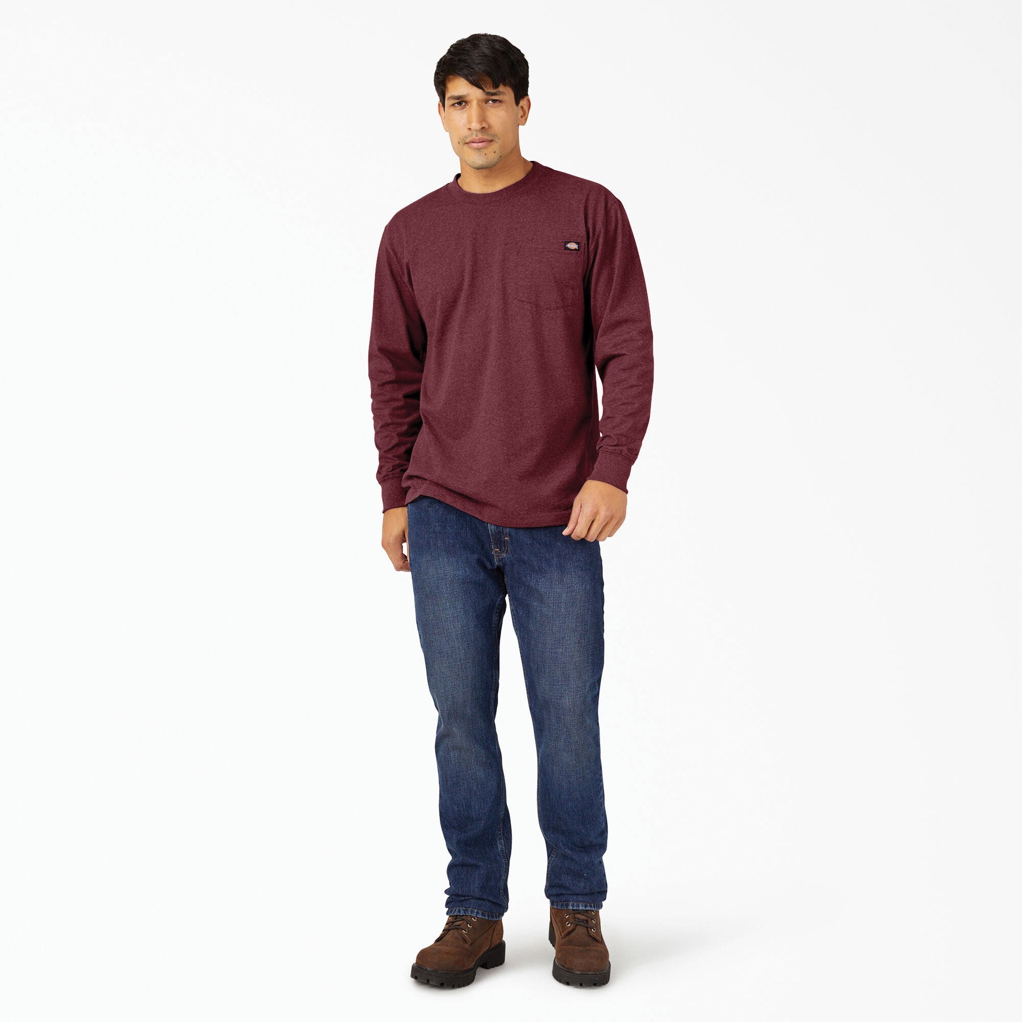 DICKIES Men's Heavyweight Heathered Long Sleeve Pocket T-Shirt, Burgundy Heather, LT