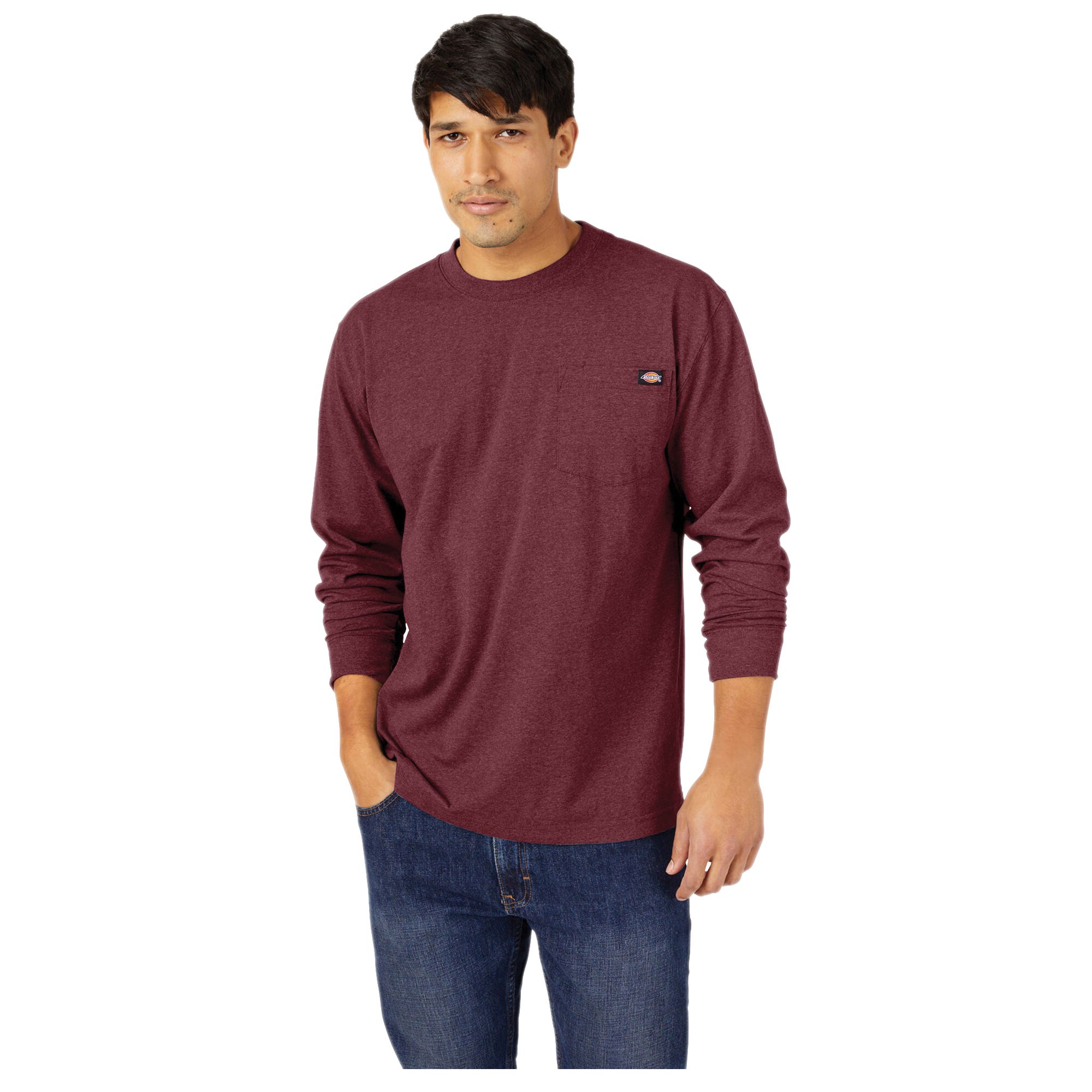 DICKIES Men's Heavyweight Heathered Long Sleeve Pocket T-Shirt, Burgundy Heather, LT