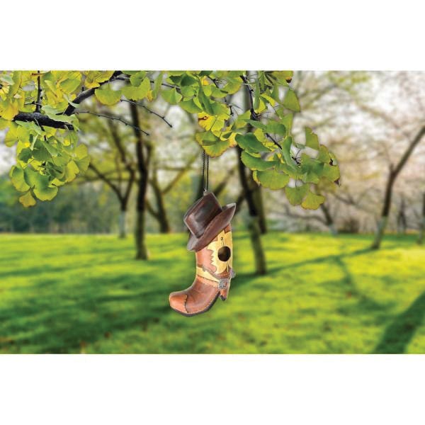 Songbird ESSENTIALS Bird House, 7.48 in W, 5 in D, 9 in H, Cowboy Boot with Hat, Albesiawood/Polyurethane