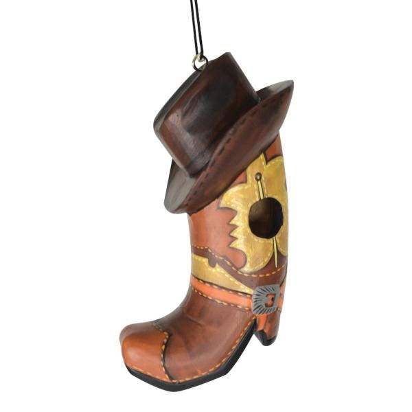 Songbird ESSENTIALS Bird House, 7.48 in W, 5 in D, 9 in H, Cowboy Boot with Hat, Albesiawood/Polyurethane