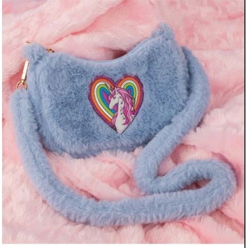 Great Pretenders Periwinkle Cuddle Crossbody Purse, Striped Rainbow Unicorn at its Heart