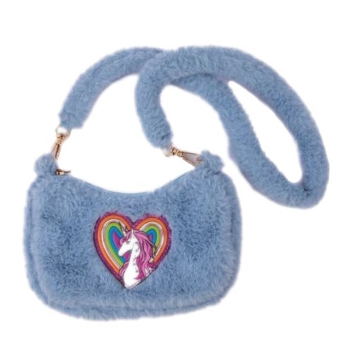 Great Pretenders Periwinkle Cuddle Crossbody Purse, Striped Rainbow Unicorn at its Heart