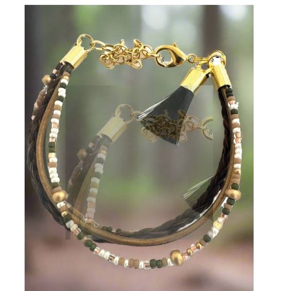 Cowboy Collectibles Bracelet, Golden/Olive, Beads/Horse Hair/Leather