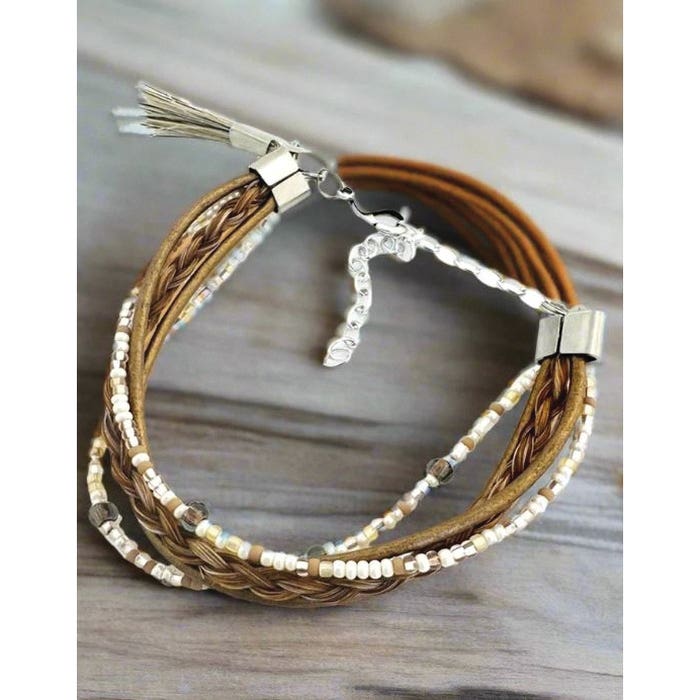 Cowboy Collectibles Chevron Series Bracelet, Seed Bead, Neutral, Horse Hair/Leather