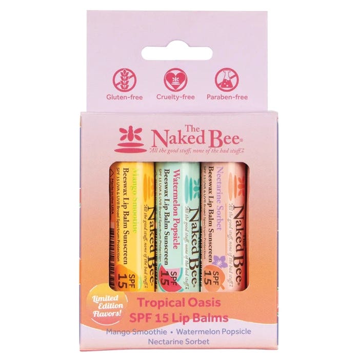 The Naked Bee Tropical Oasis Lip Balm Trio, Mango Smoothie, Watermelon Popsicle, Nectarine Sorbet