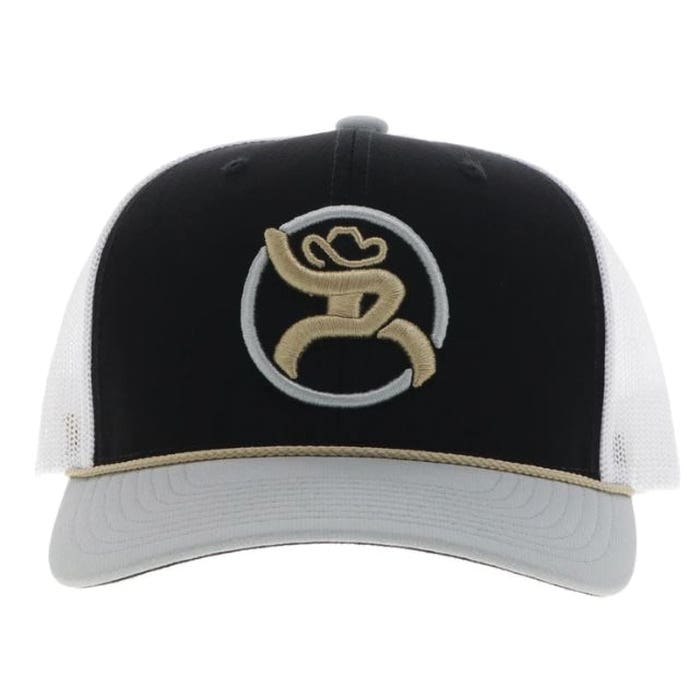Hooey Strap Series Roughy Hat, Gold/Gray Circle Patch, Men's, One-Size, Black/White