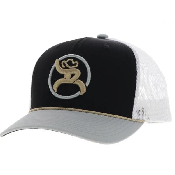 Hooey Strap Series Roughy Hat, Gold/Gray Circle Patch, Men's, One-Size, Black/White