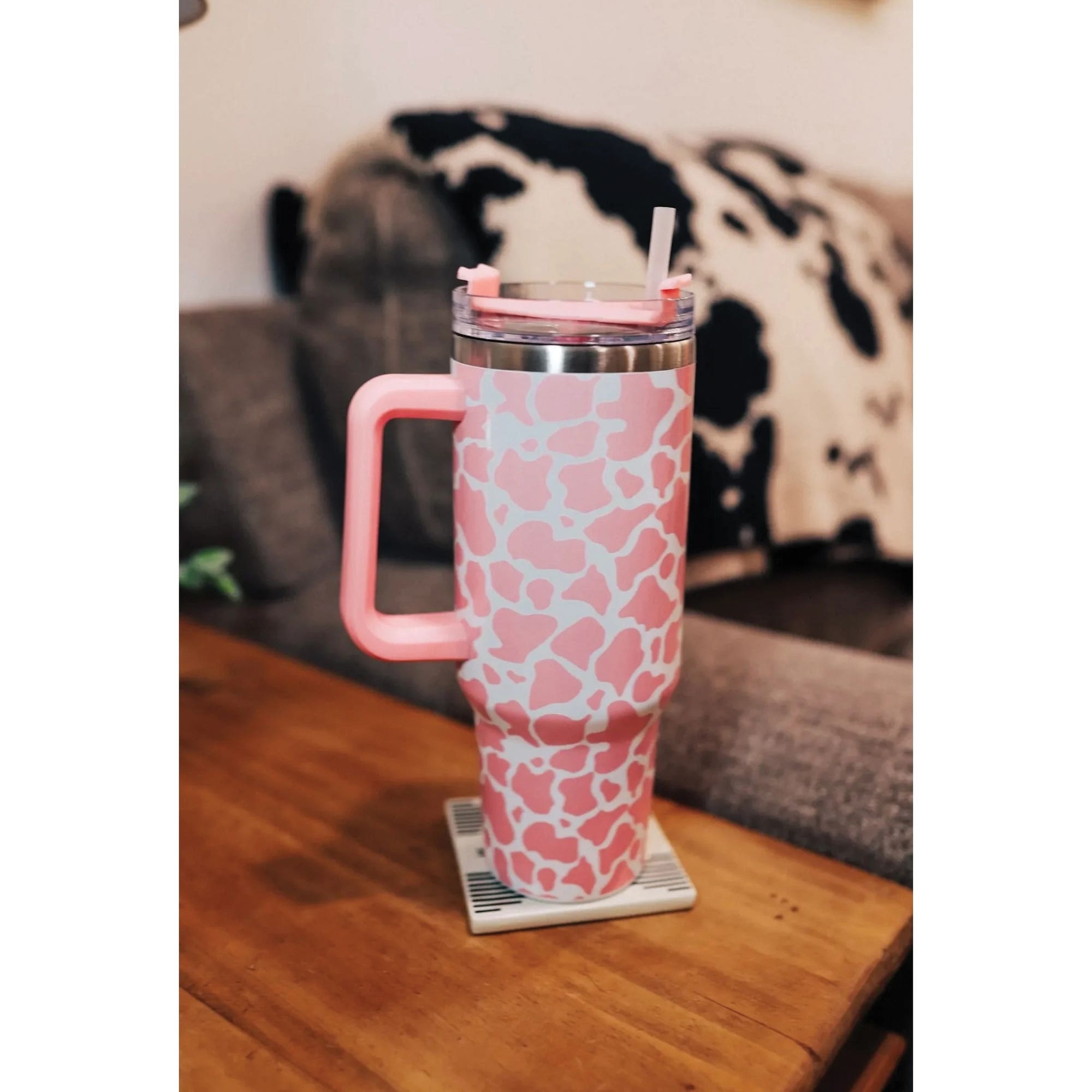 MidWestern Merch TMBLR005 Tumbler with Handle, 40 oz, Pink Cowhide