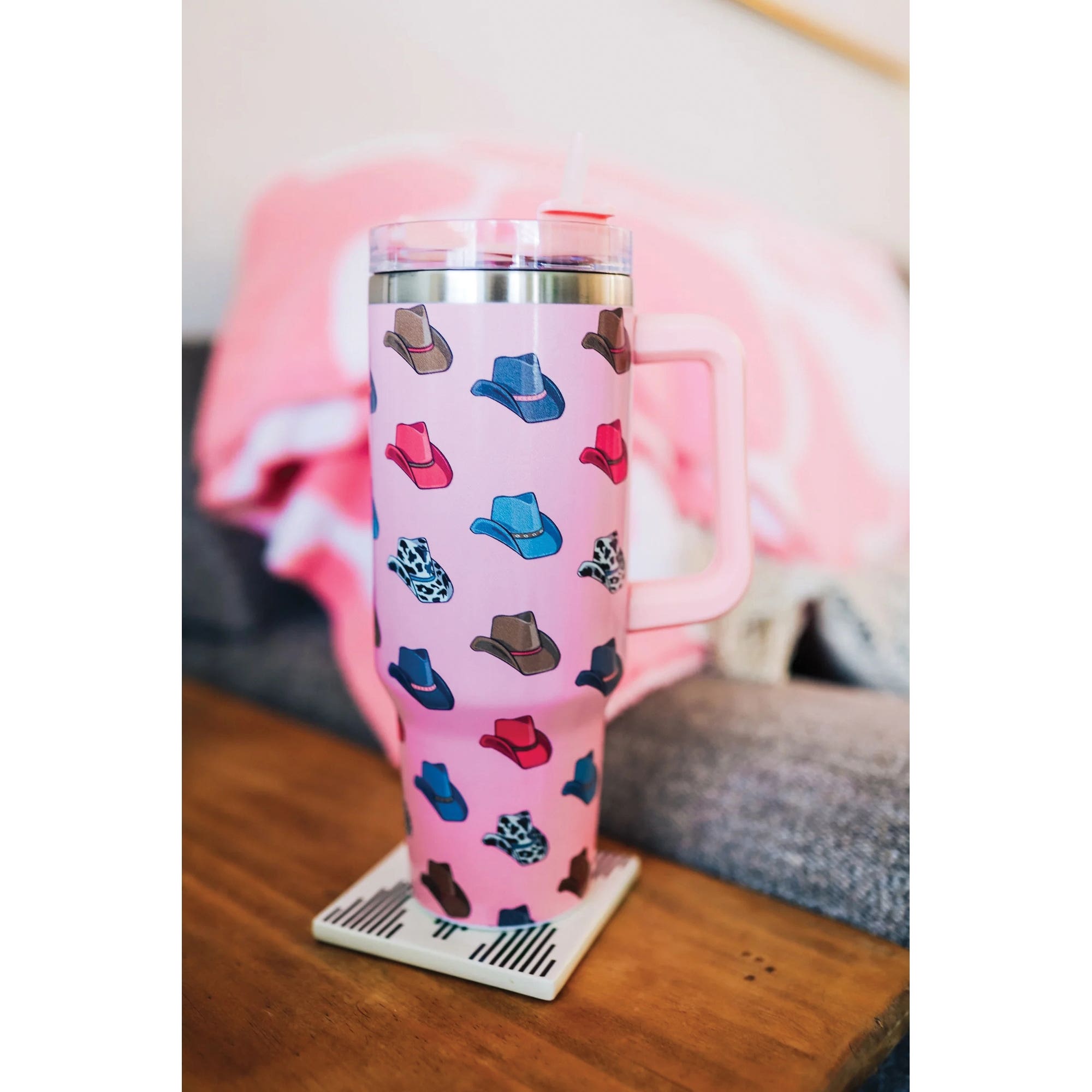 MidWestern Merch TMBLR006 Tumbler with Handle, 40 oz, Pink Cowboy Hat