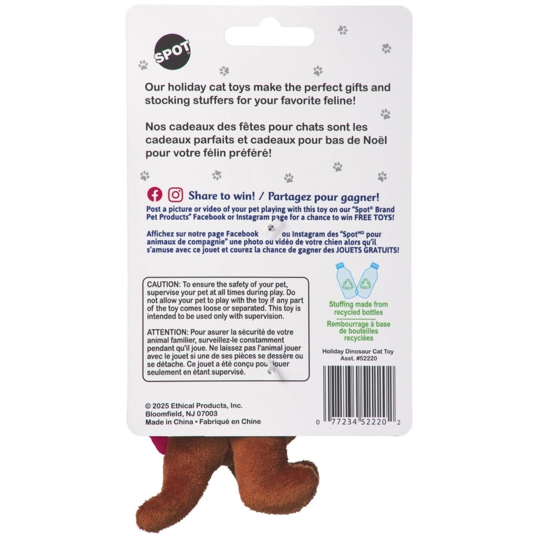 Spot 52220 Cat Toy, 6 in, Holiday Dinosaur, Assorted