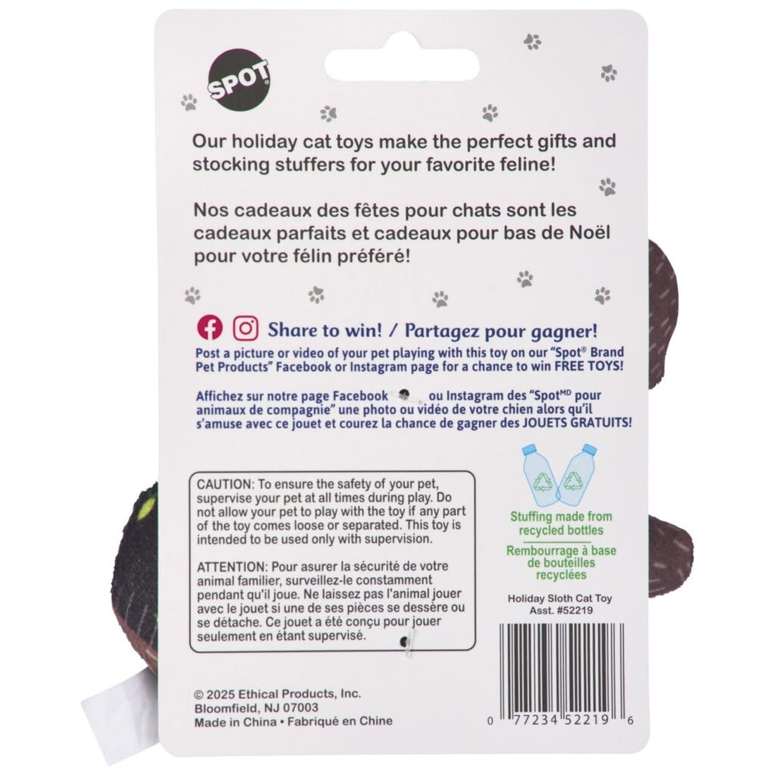 Spot 52219 Cat Toy, 5 in, Holiday Sloths, Assorted